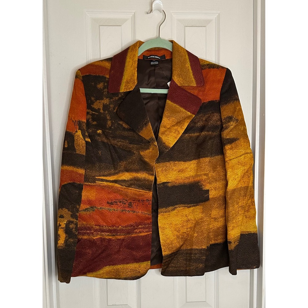 Ellen Tracy Petite 14 Abstract Landscape Wool Silk Blend Blazer Orange Brown